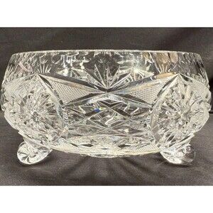Crystal Footed round clear Centerpiece Bowl cut glass diamond line star pattern